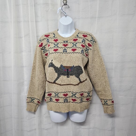 Vintage Eddie Bauer Tan Wool Rocking Horse Sweater Preppy Cabincore M - Picture 11 of 11